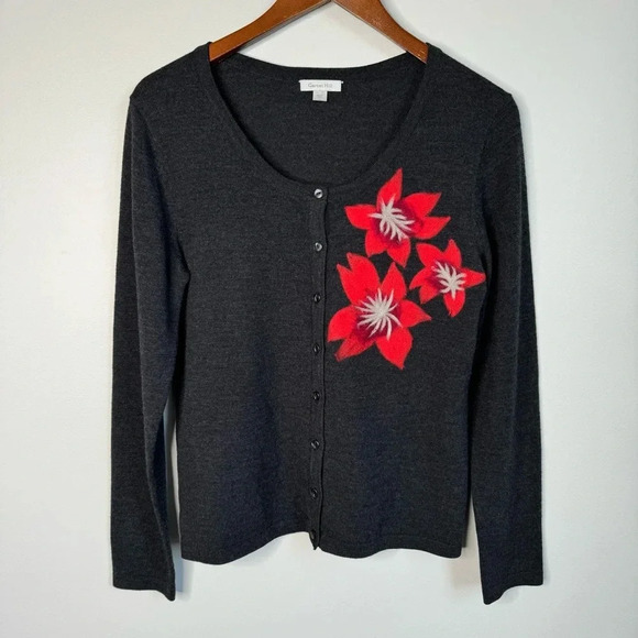 Garnet Hill 100% Merino Wool Gray Red Felted Floral Button-up Cardigan Sweater - Picture 1 of 7